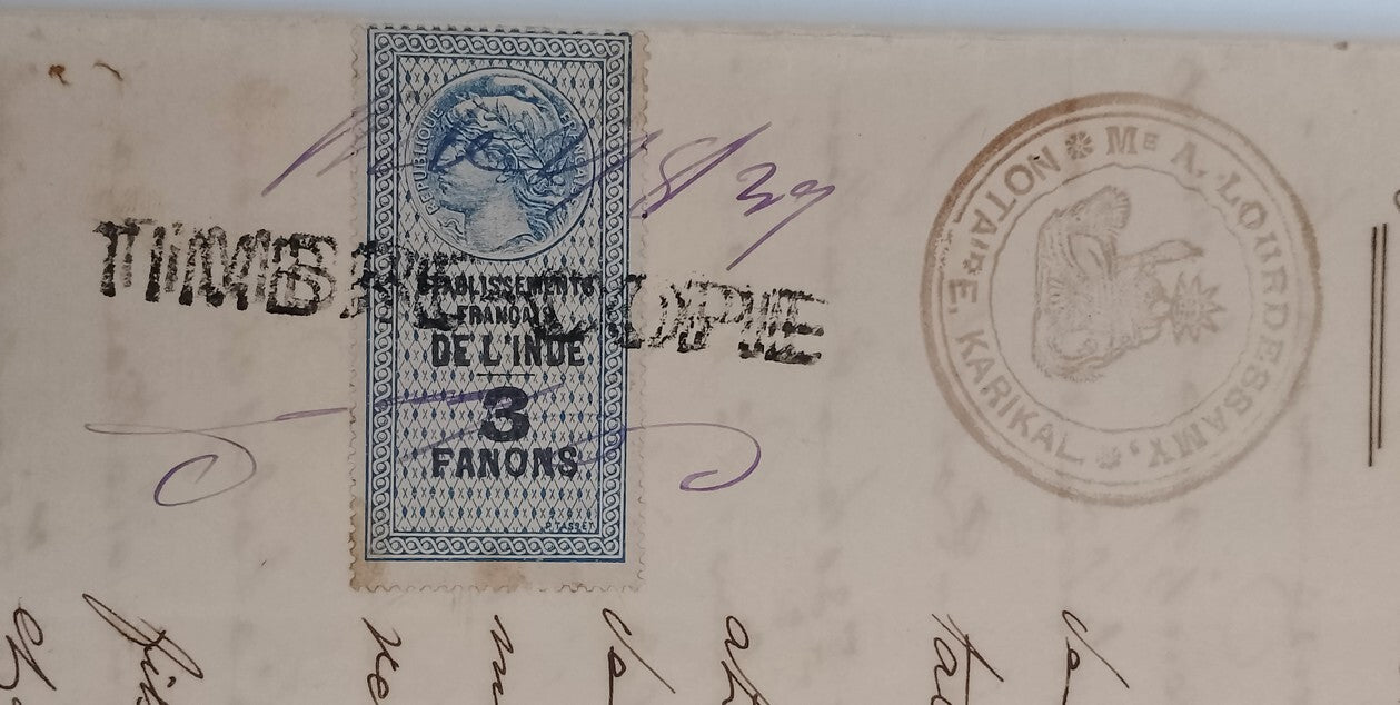 AOP French India 1909 3fa revenue stamp on 1939 8 page KARIKAL document