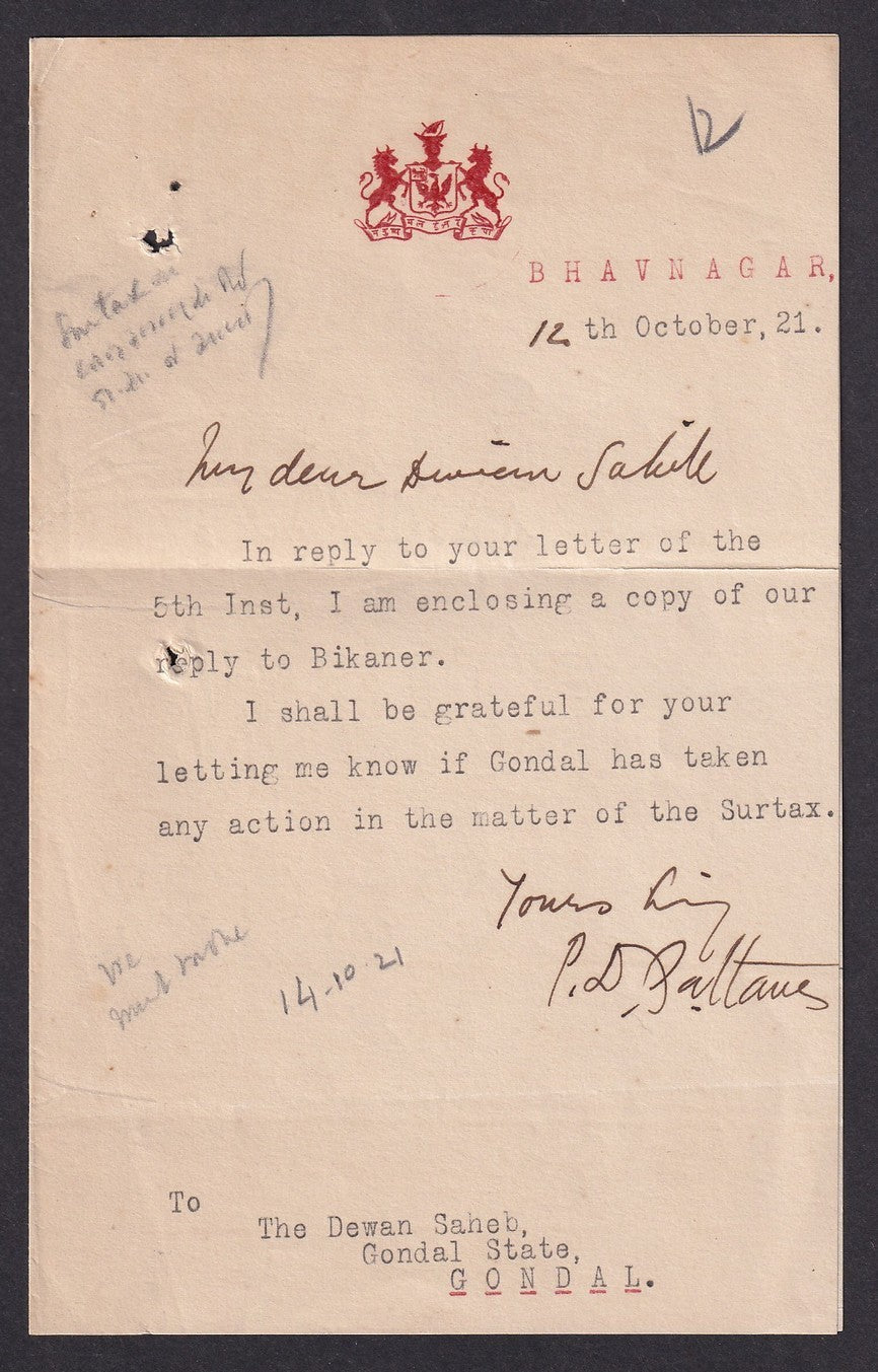 India 1921 Bhavnagar State Crested Coat of Arms letter signed Dewan, P D Pattani