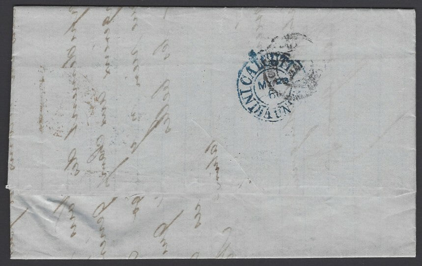 India 1868 stampless cal to France GB/LF 66c blue accountancy mark FA HEILGERS