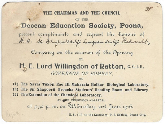 India 1916 Fergusson College invitation Lord Willingdon Gov Bombay presiding