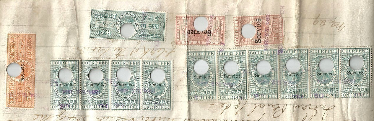 India QV 1860s Court Fee stamps x on vellum parchment document