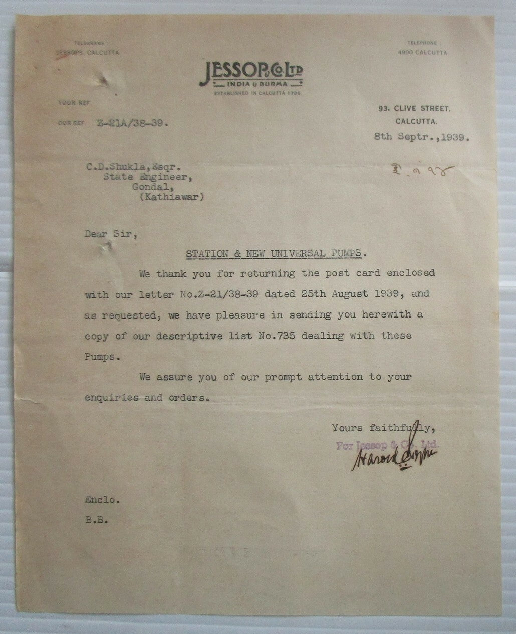 India 1939 advertizement leaflet for Station & New Universal Pumps etc