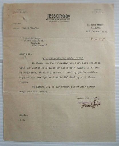 India 1939 advertizement leaflet for Station & New Universal Pumps etc