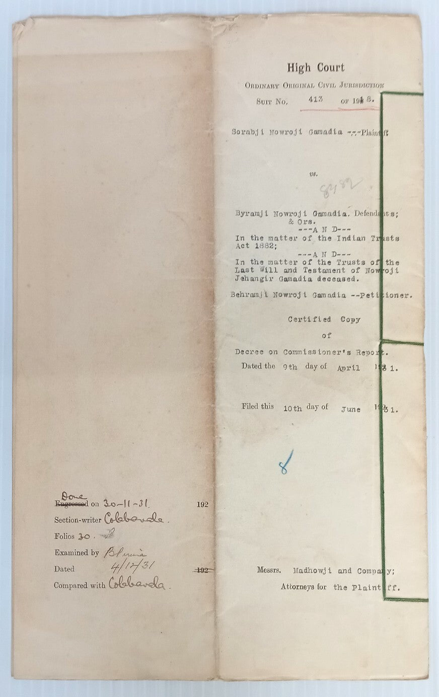 AOP India 1931 9 pages Decree with KGV Court Fee 2R & 15R 