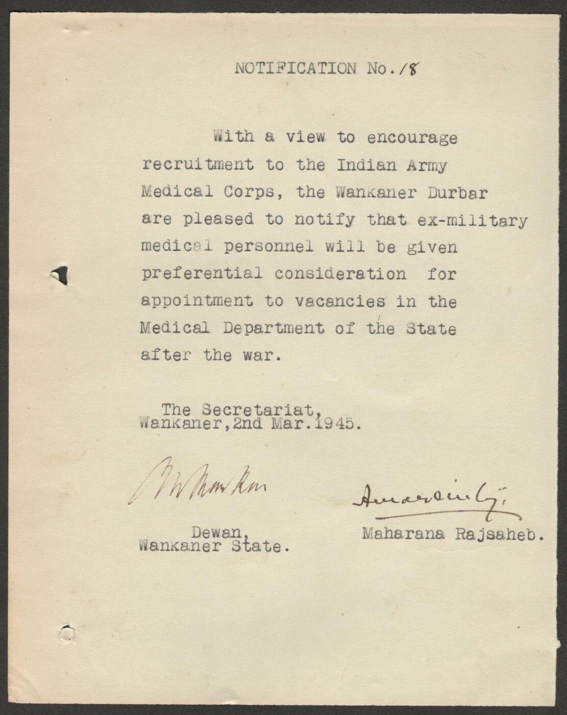 India 1945 MEDICAL CORPS NOTIFICATION signed Amar Singh MAHARAJA WANKANER