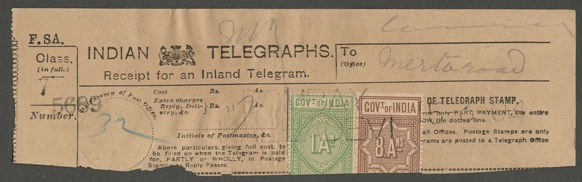 AOP India Telegraph stamps on 1904 BY- KALBADEVI Telegraph receipt