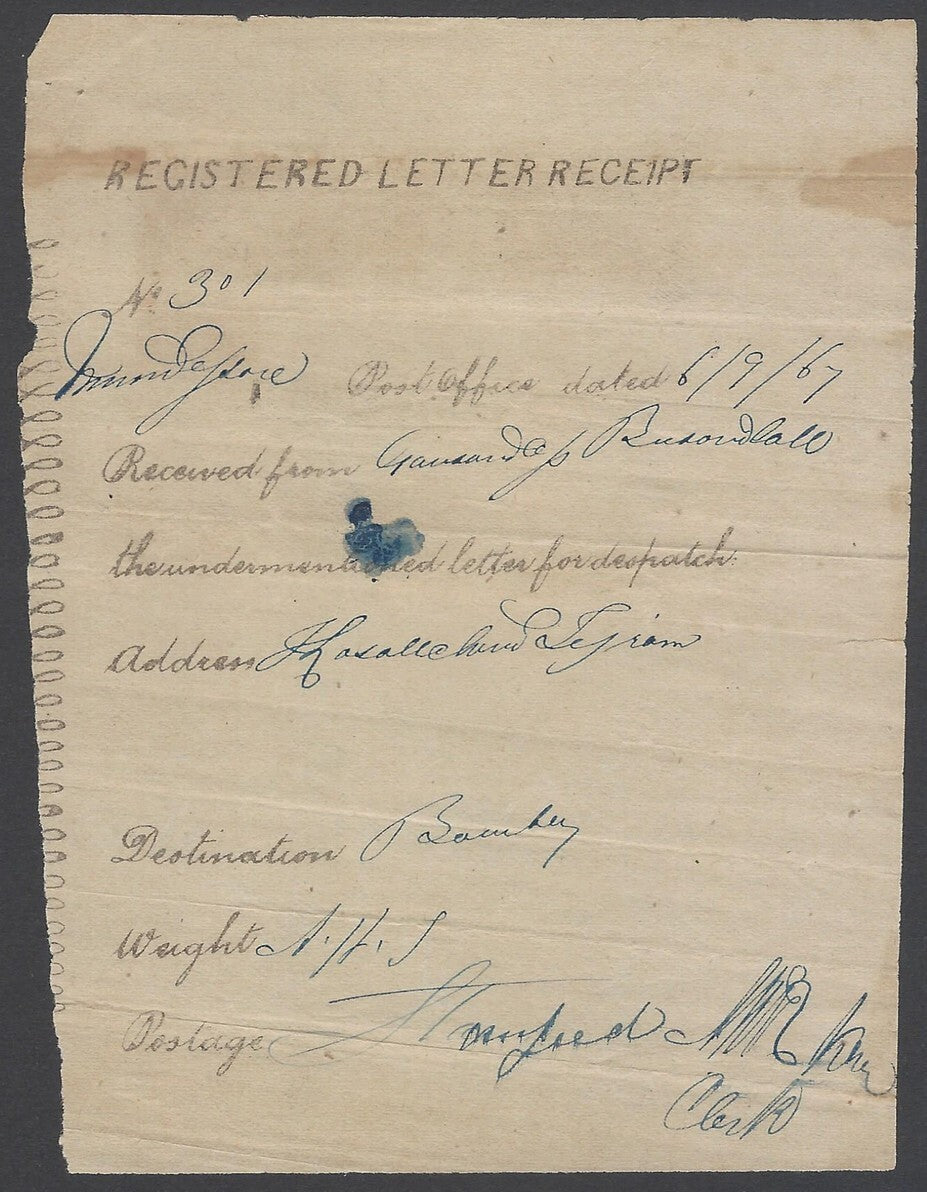 AOP India REGISTERED LETTER RECEIPT used 1867 Mundsore to Bombay