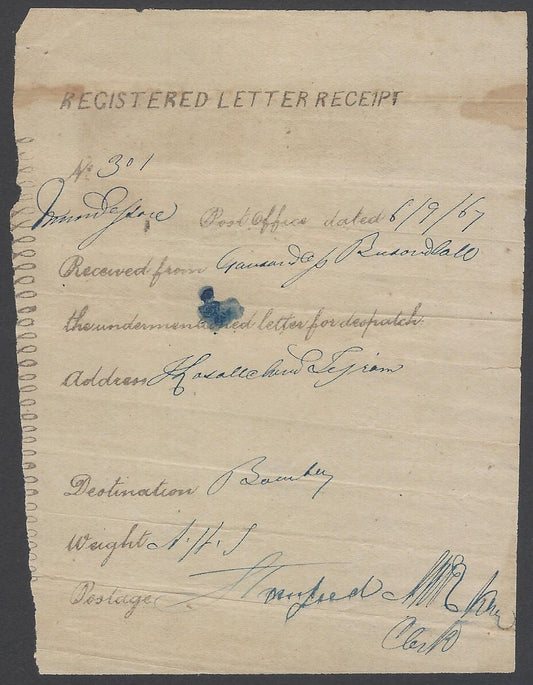 AOP India REGISTERED LETTER RECEIPT used 1867 Mundsore to Bombay