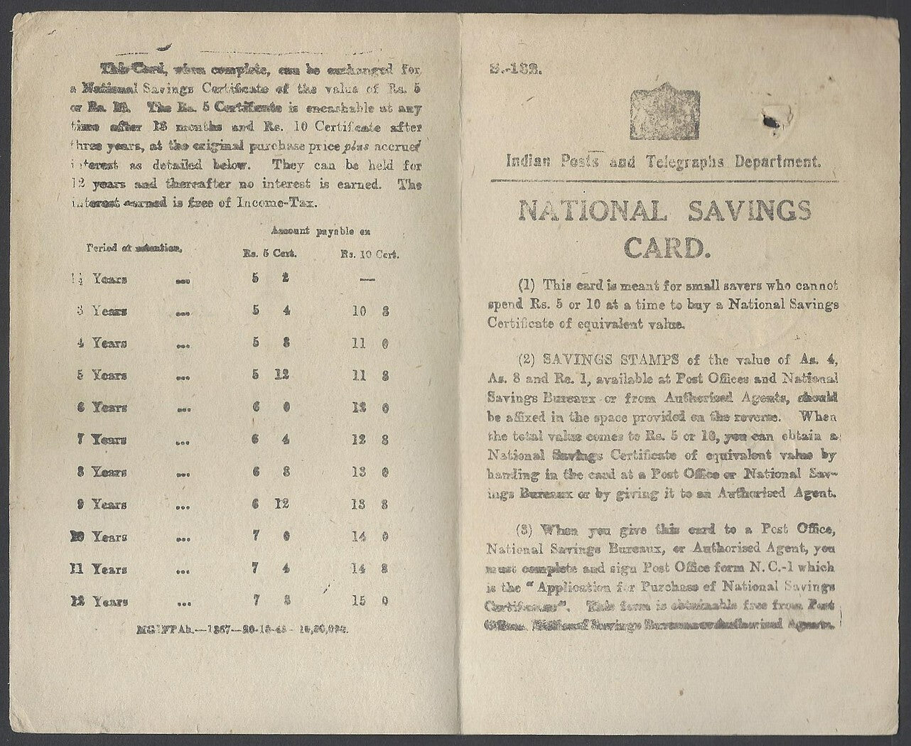 India National Savings card with 1947 NATIONAL SAVINGS INDIA stamps x 10