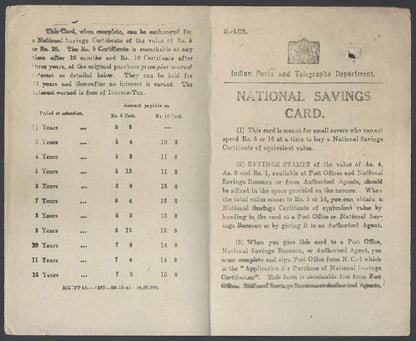 India National Savings card with 1947 NATIONAL SAVINGS INDIA stamps x 10