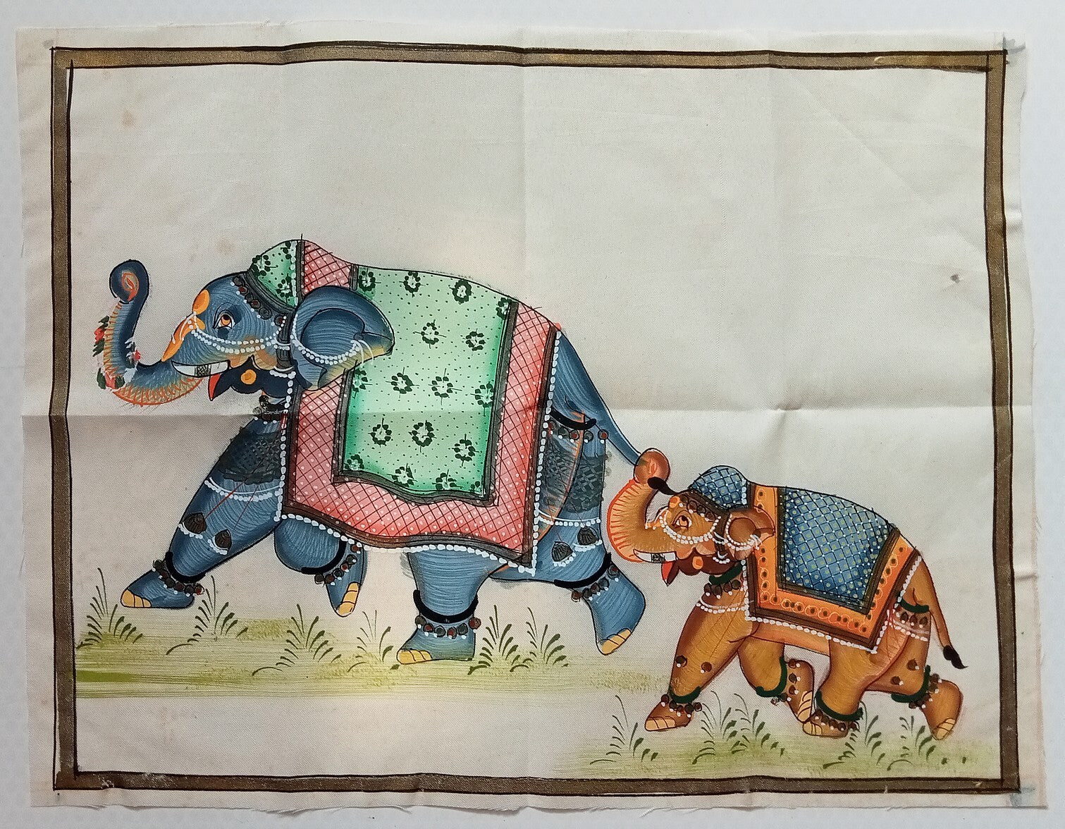 India vintage hand painting on cloth BABY ELEPHANT & MOTHER 9 x 12 inches