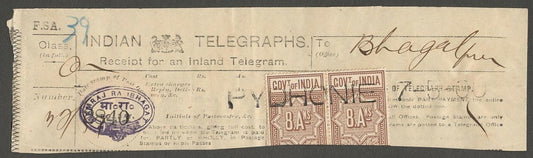 AOP India Telegraph stamps on 1900 PYDHONIE Telegraph receipt