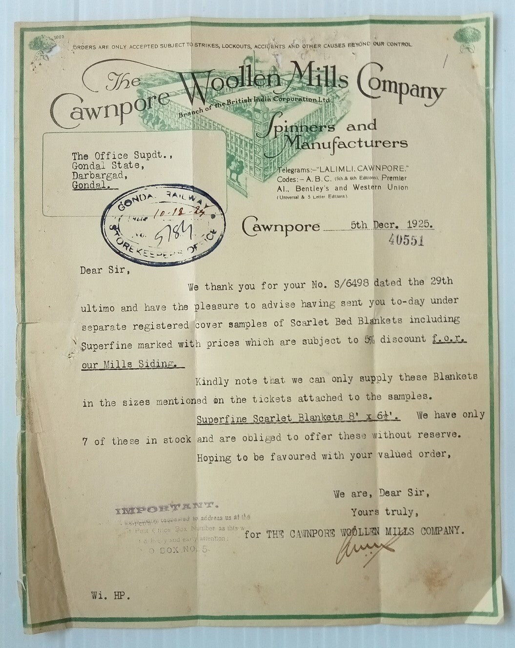 AOP Wollen Mills Co. Cawnpore 1925 illustrated letterhead India