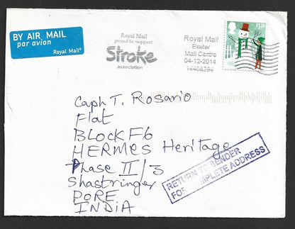 GB £1.28 Snowman single franked RTS cover to India