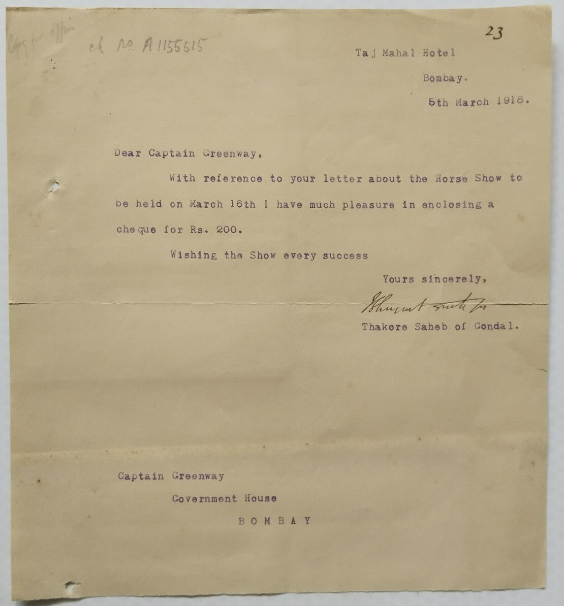India 1918 signed letter by H.H Gondal from Taj Mahal Hotel Bombay & Cheque etc
