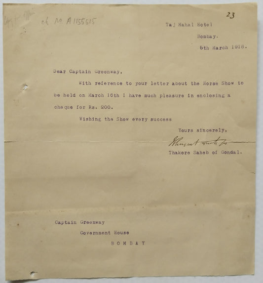 India 1918 signed letter by H.H Gondal from Taj Mahal Hotel Bombay & Cheque etc