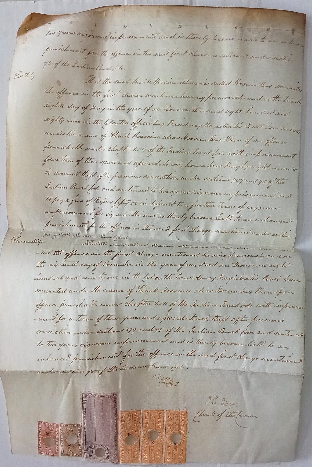 AOP India vellum parchment with QV Court Fee Service & High Court Service stamps