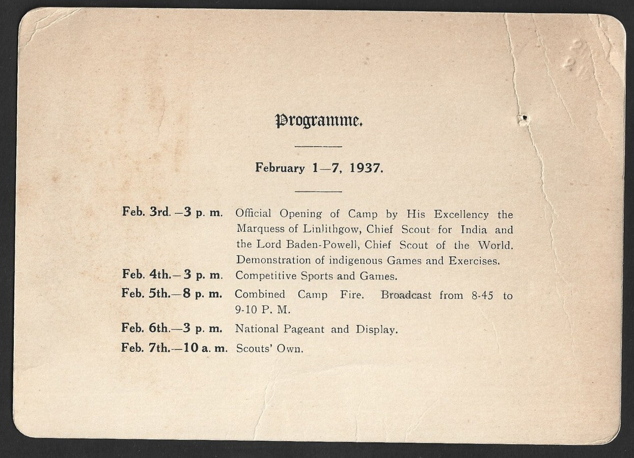 ALL INDIA BOY SCOUTS JAMBOREE 1937 Baden Powell visit invitation card