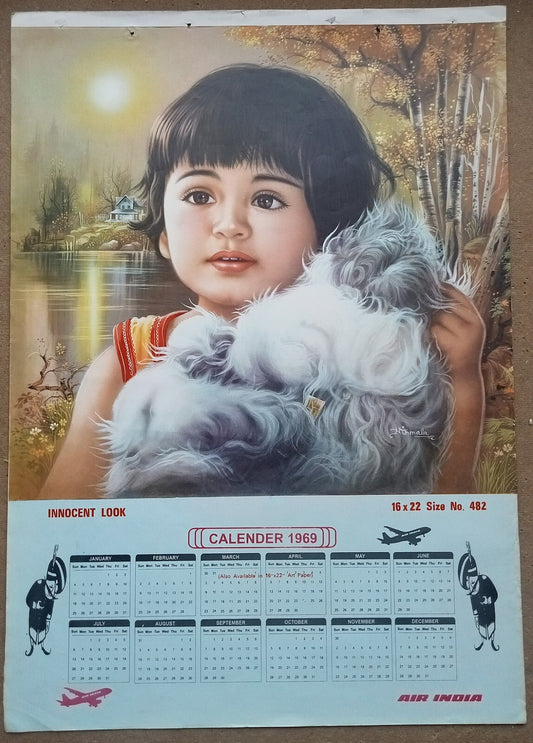 AIR INDIA 1969 poster calender 482 - INNOCENT LOOK - ARTIST : NIRMALA - R