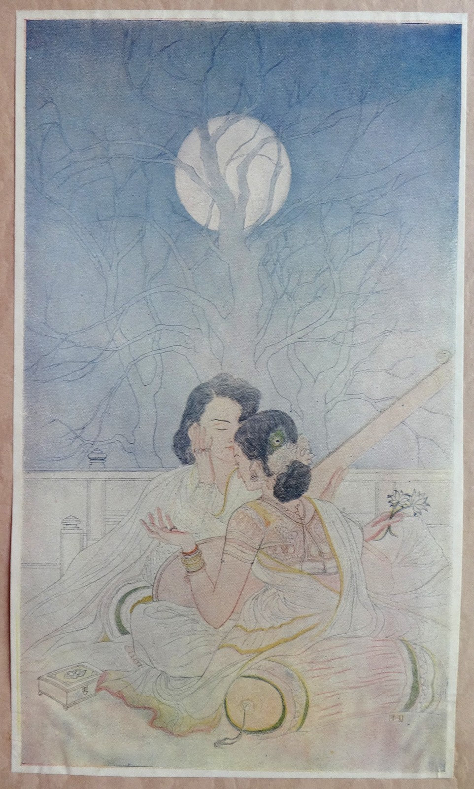 Music Mood and Moon by Kanu Desai vintage Art Print India