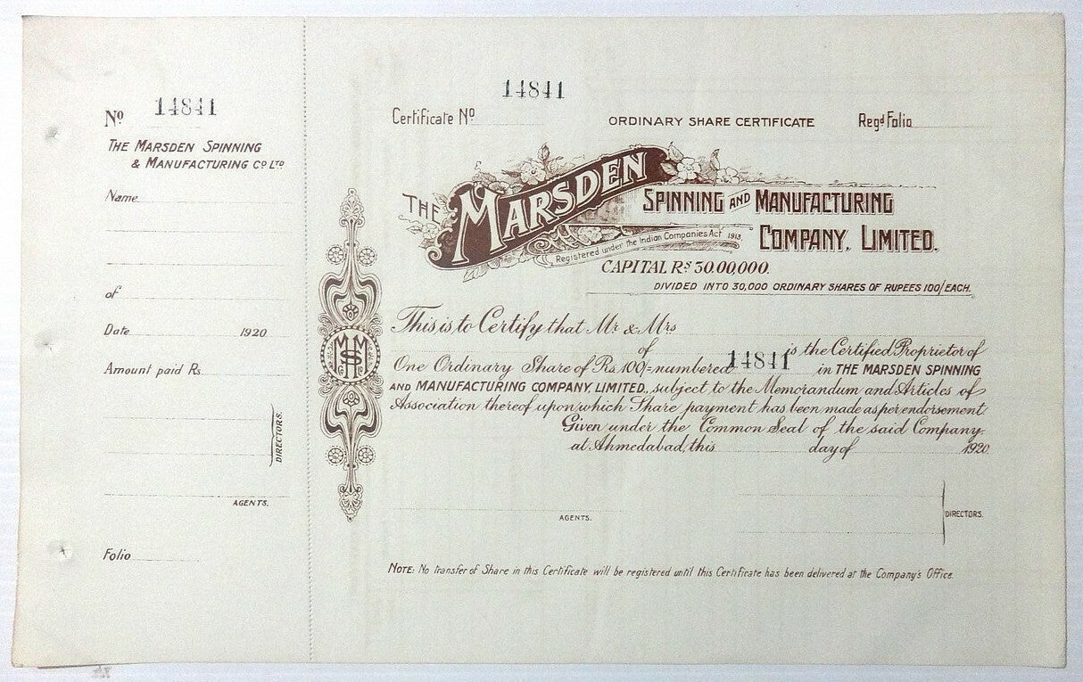 India 1920 Marsden Spinning share certificate UNUSED