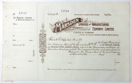 India 1920 Marsden Spinning share certificate UNUSED