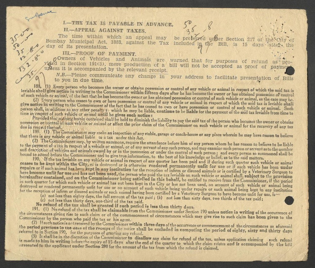 AOP India 1949 1st Q Bombay Municipal Corp BILL FOR TAX ON VEHICLES AND ANIMALS