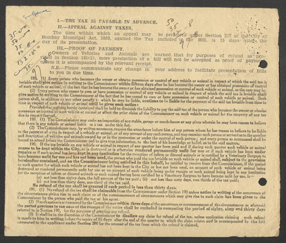 AOP India 1949 1st Q Bombay Municipal Corp BILL FOR TAX ON VEHICLES AND ANIMALS