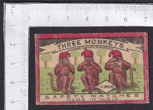 India vintage WIMCO matchbox label THREE MONKEYS