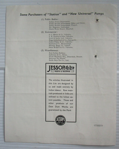 India 1939 advertizement leaflet for Station & New Universal Pumps etc