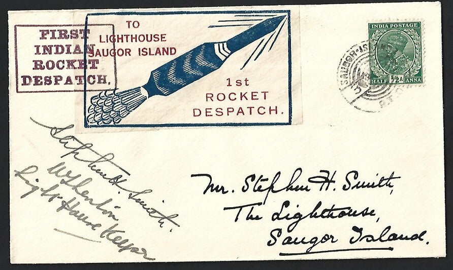 India ROCKET POST 1934 missive to Saugar Island Lighthouse sd Lighthouse Keeper