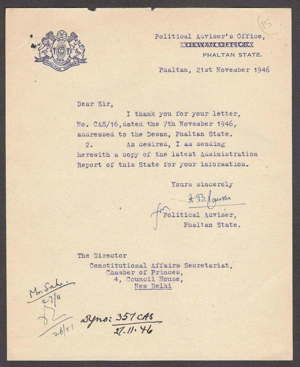 India 1946 crested letter PHALTAN STATE