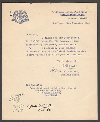 India 1946 crested letter PHALTAN STATE