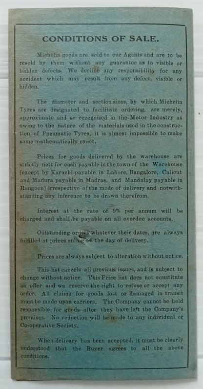 AOP india Feb 1934 MICHELIN India Tyres Price List 