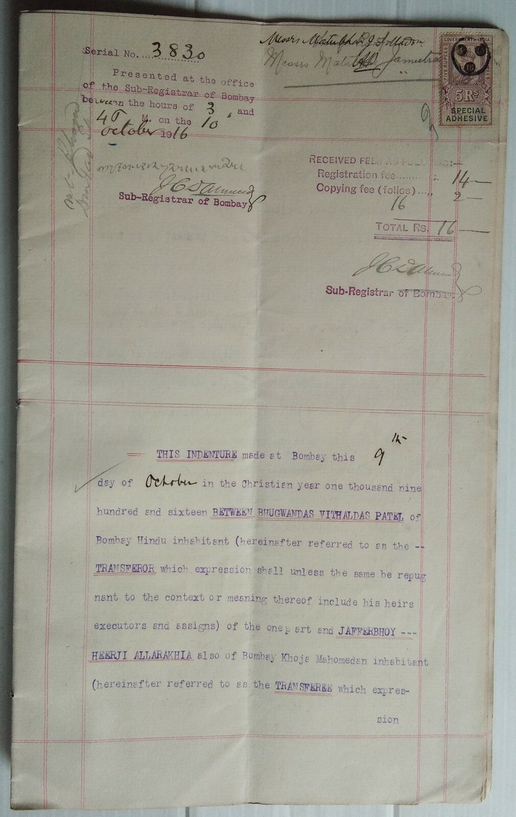 India 1916 Indenture (9 pages)