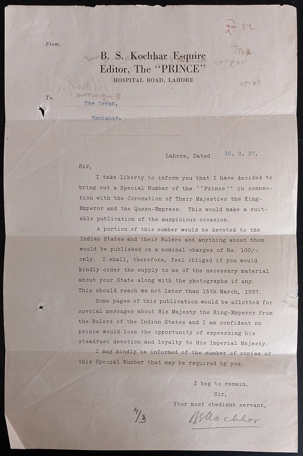 AOP India 1937 solicitation for PAID NEWS by editor, The "Prince", Lahore
