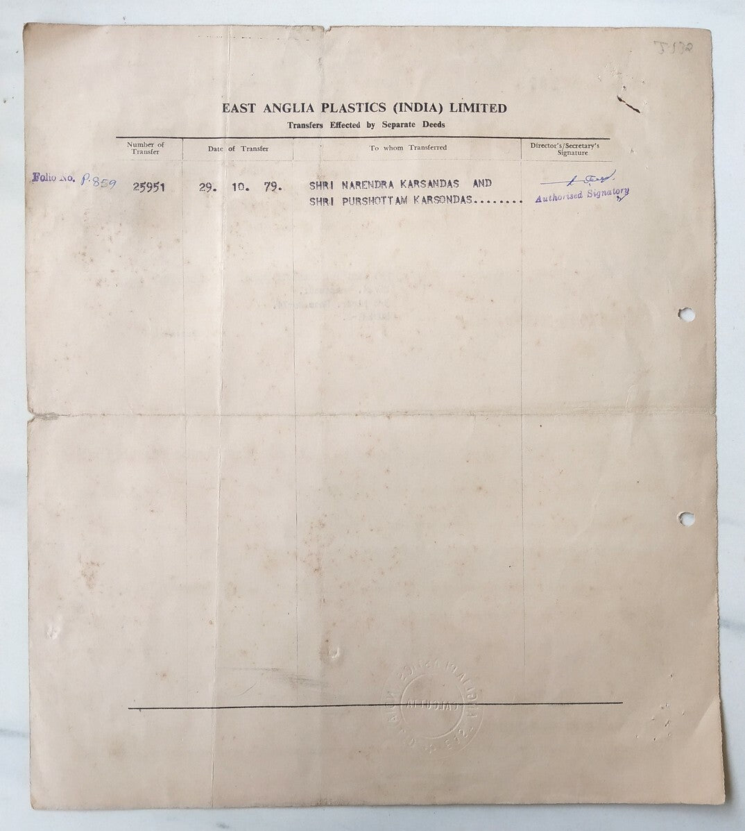 India 1960 East Anglia Plastics Limited share certificate