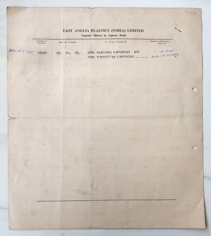 India 1960 East Anglia Plastics Limited share certificate