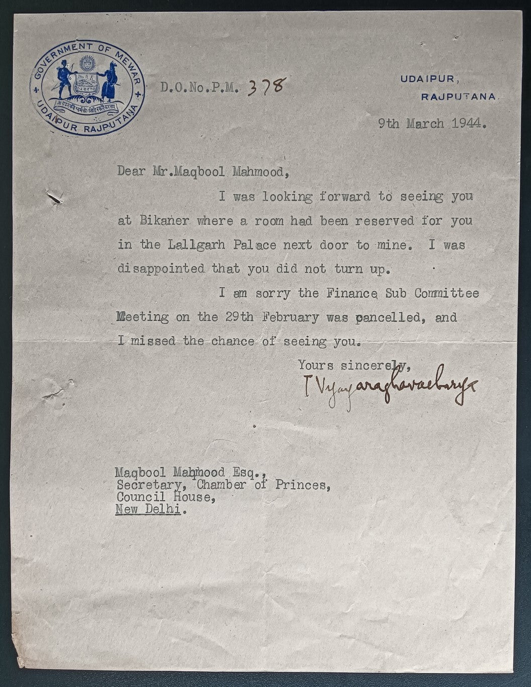 India 1942 crested letter GOVERMENT OF MEWAR / UDAIPUR RAJPUTANA