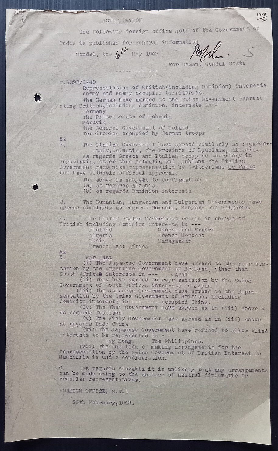 India 1942 typed signed Notification CARETAKERS FOR BRITISH INTERESTS IN EMEMY