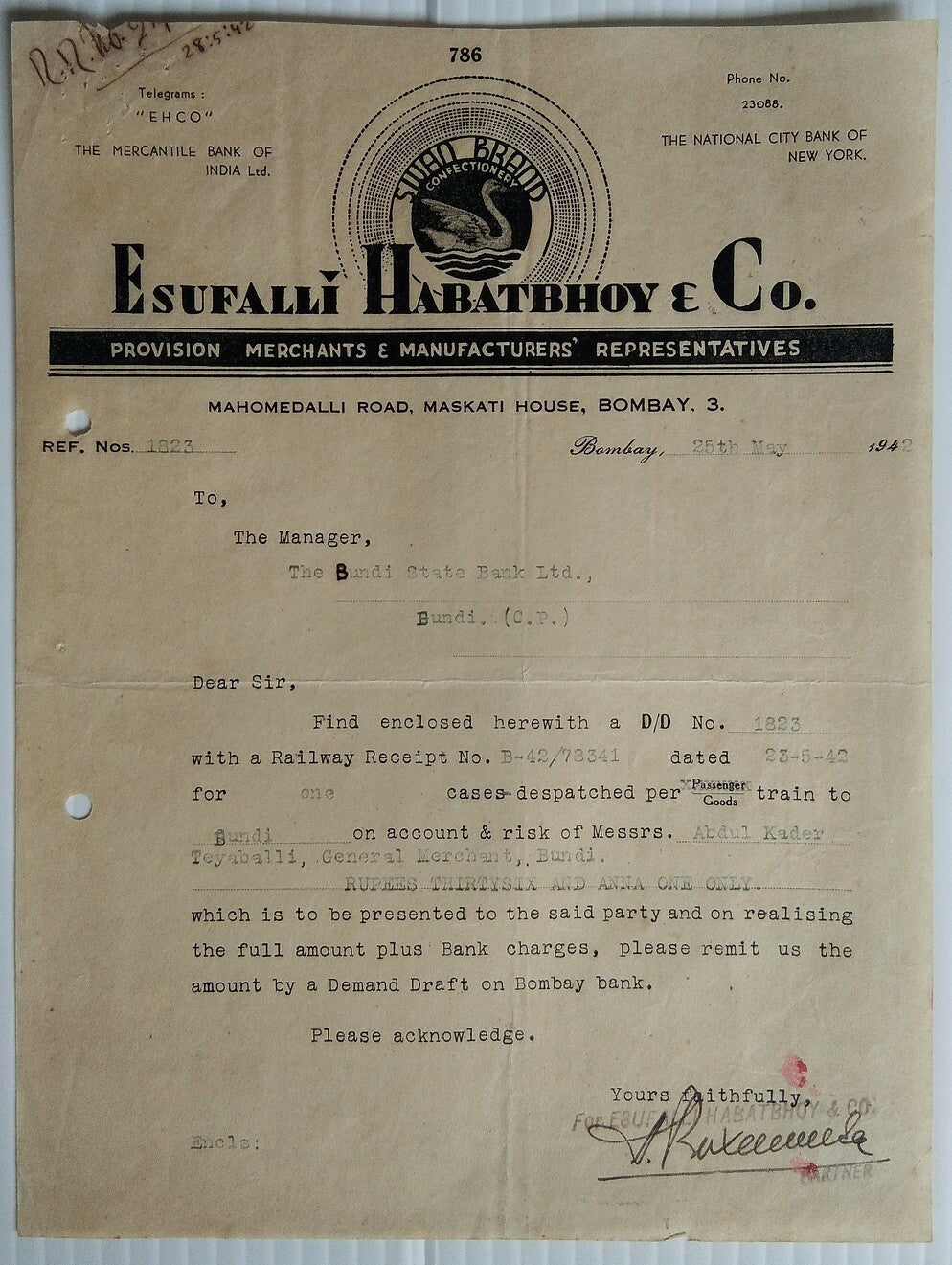 India 1942 Swan Brand Bombay Letterhead