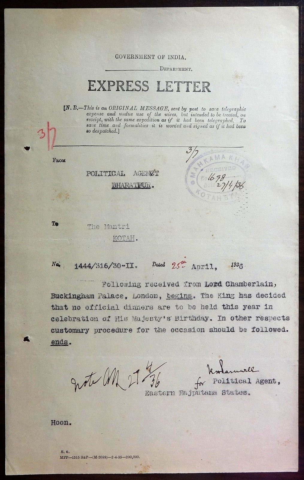 India 1935 Silver Jubilee document King George V wants no official dinners