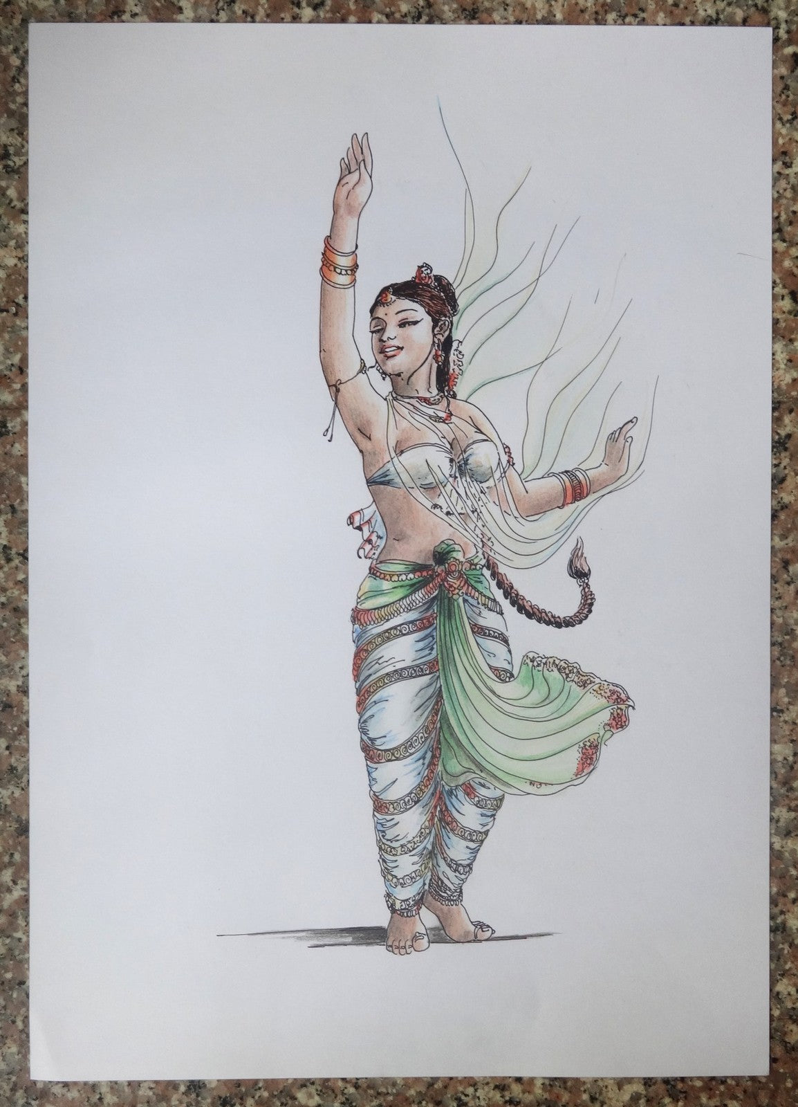 Indian Danseuse pen & watercolor painting on card 12” x 16.5”