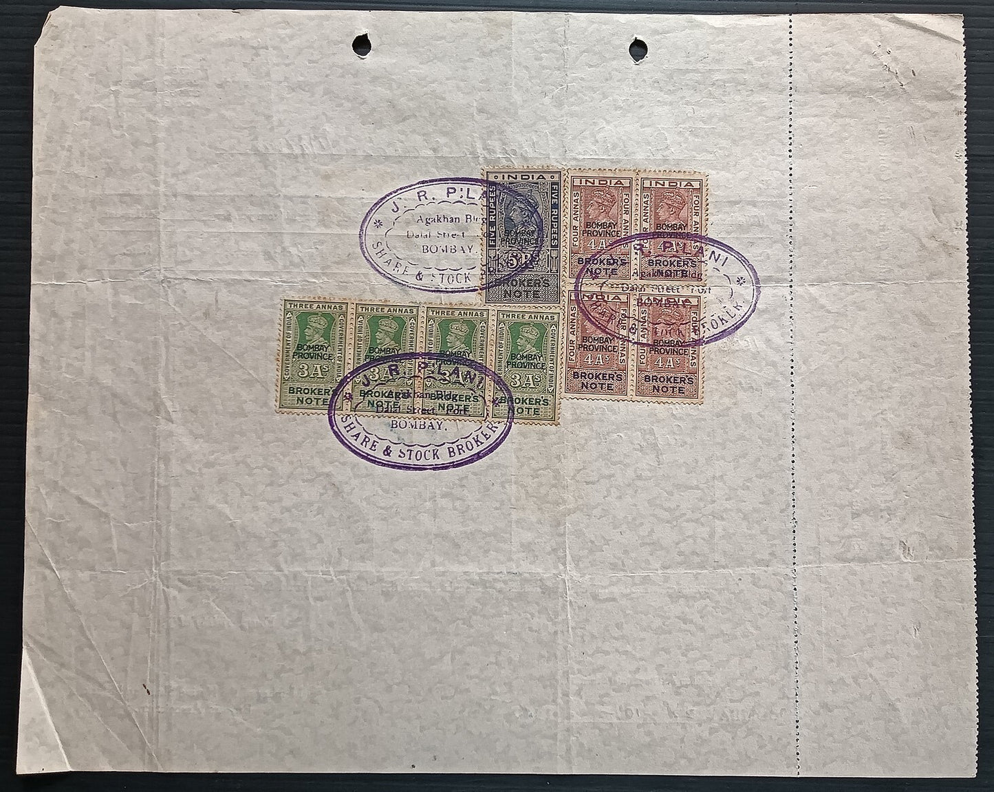 India KGV & KGVI Broker's Note x 9 on 1946 contract note