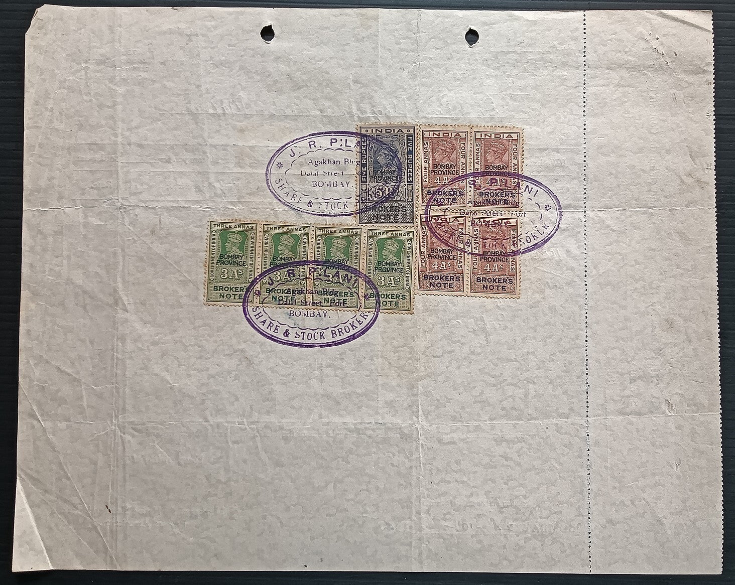 India KGV & KGVI Broker's Note x 9 on 1946 contract note