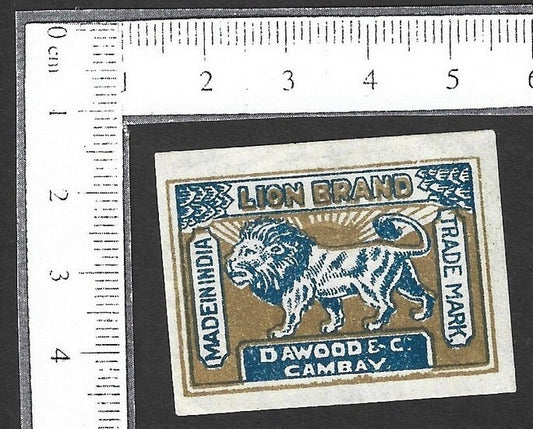 India VINTAGE matchbox label LION BRAND by Dawood & Co., Cambay