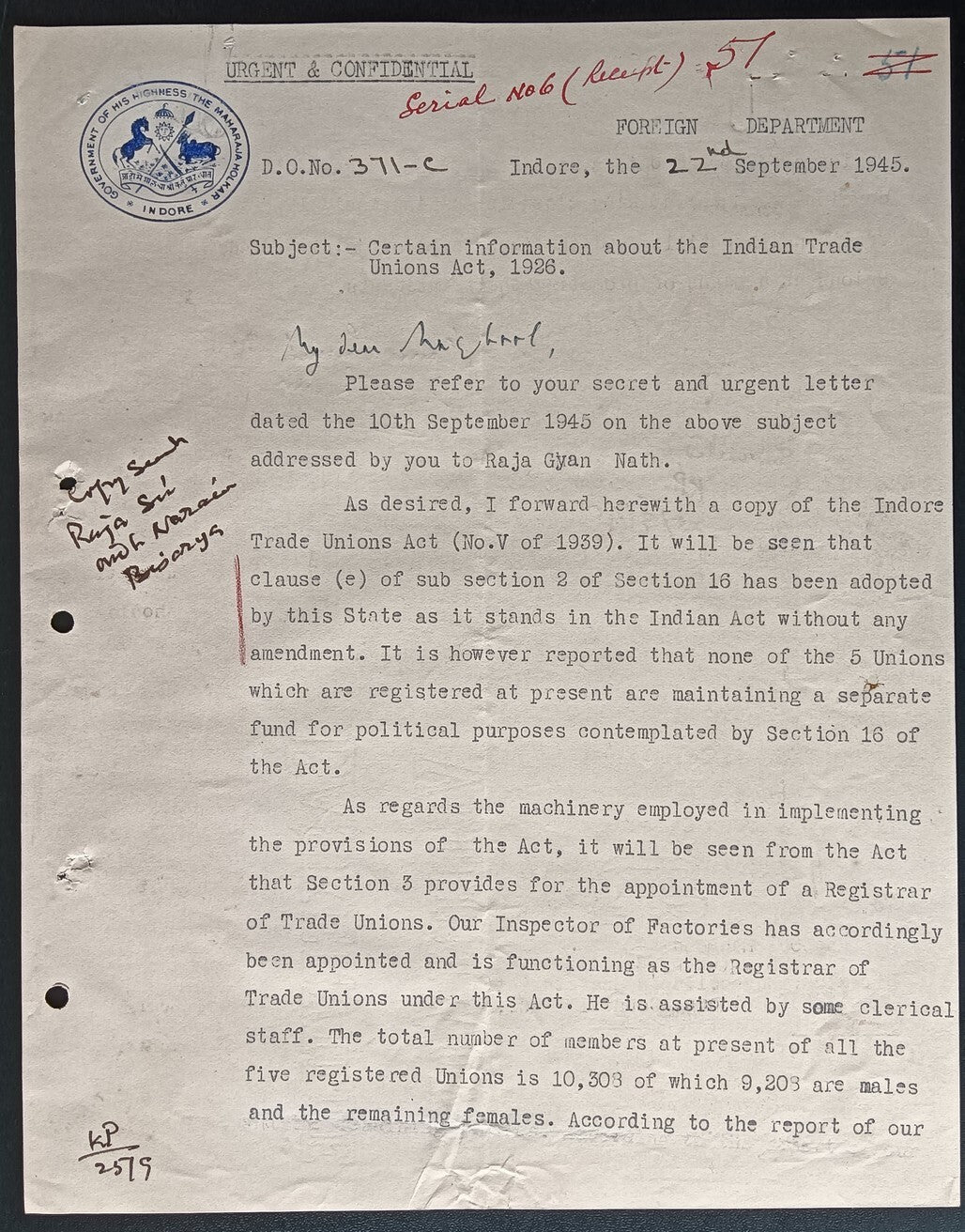 India 1945 crested letter GOVERNMENT OF HIS HIGHNESS THE MAHARAJA HOLKAR/INDORE