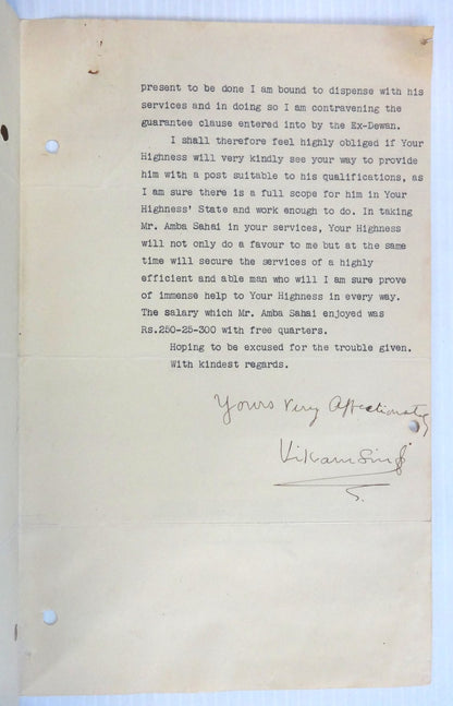 India Naraingarh State 1932 crested letter signed Maharaja Vikram Singh