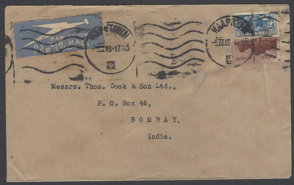 AOP South Africa 1943 bantams 3d & 1sh single on cover Cape Town to India
