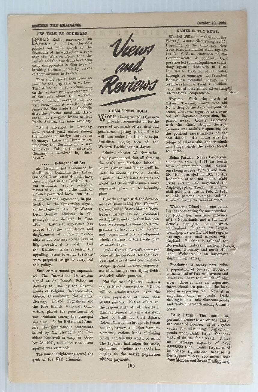 AOP India 1944 WW2 Propaganda rag BEHIND THE HEADLINES PEP TALK BY GEOBBELS 8pgs
